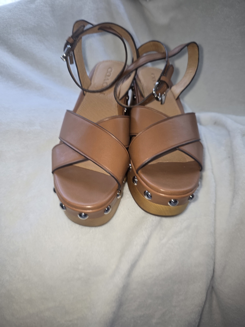 Coach Tan Leather Crisscross Platform Sandals - Picture 3 of 7